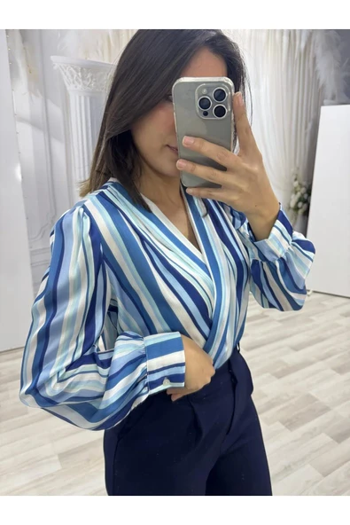 Mavi Çizgili Bodysuit Bluz ürün görseli 1