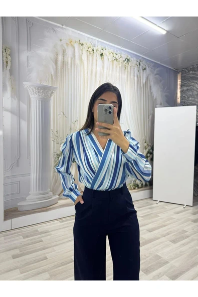 Mavi Çizgili Bodysuit Bluz - Resim 3