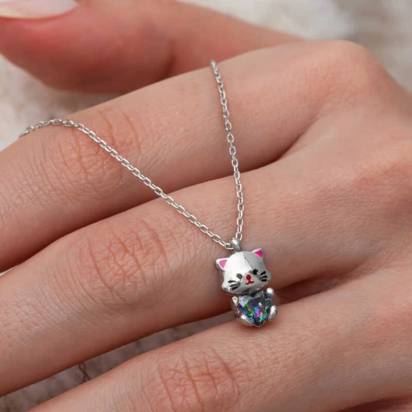 Gümüş Mistik Topaz Taşlı Sevimli Kedi Kolye  SL9980 ürün görseli 1