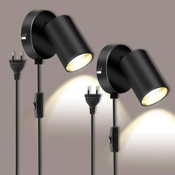 Rsylight Metal Mafsallı Siyah Spot Armatür Aplik Kablolu Fişli Beyaz Led Ampullü ürün görseli 1