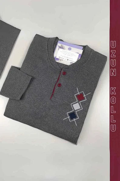 GoodNight Erkek İnterlok Kumaş Yaka İki Düğme Kışlık Kalın Antrasit Pijama Takımı ürün görseli 1