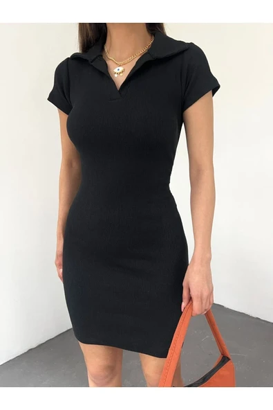 WOLEE Kadın Fitted/vücuda Oturan Polo Yaka Kısa Kollu Elbise,balo,mezuniyet,kına,düğün,davet Siyah ürün görseli 1
