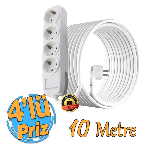 Kablolu 4'lü Topraklı Grup Priz Fiş Çoğaltıcı 10 Metre Çoklu Uzatma Kablosu Anahtarsız Monofaze ürün görseli 1