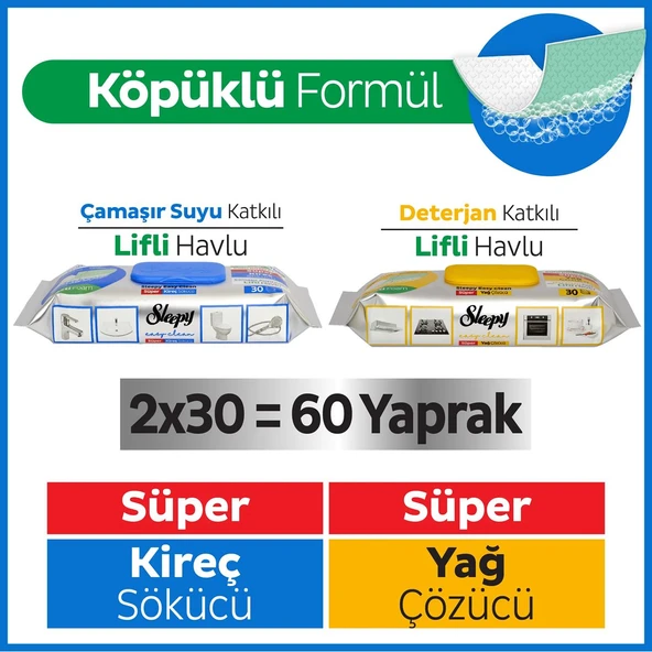 Sleepy Easy Clean Süper Yağ Çözücü&Kireç Sökücü Yüzey Temizlik Havlusu&Mendili 2x30 (60 Yaprak) ürün görseli 1