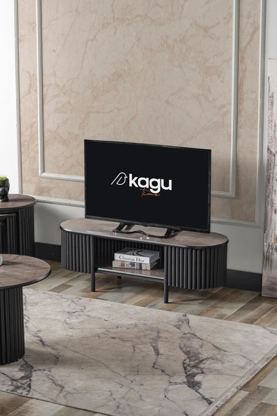 Kagu Boston Serisi Tv Ünitesi Siyah Metal Gri Ahşap ürün görseli 1