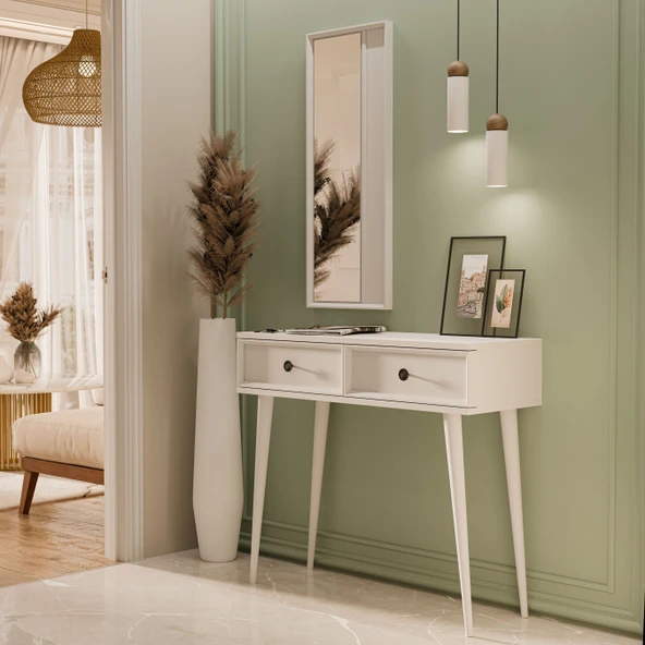 Mezza 6020 LUNA (AHŞAP AYAKLI) MDF PROFİL ÇERÇEVELİ 2 ÇEKMECELİ AYNALI DRESUAR BEYAZ ürün görseli 1