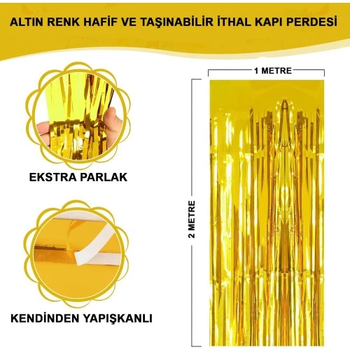 Ekstra Metalize Parlak Saçaklı Arka Fon Perde Gold ürün görseli 1