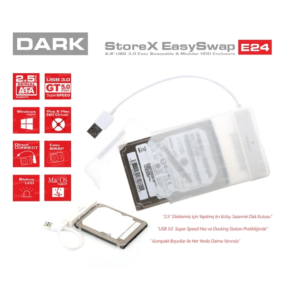 DARK 2.5" USB 3.0 DK-AC-DSE24U3 Sata Harddisk Kutusu Şeffaf ürün görseli 1