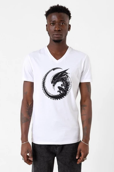 Allien Xenomorph Beyaz Erkek V yaka Tshirt ürün görseli 1