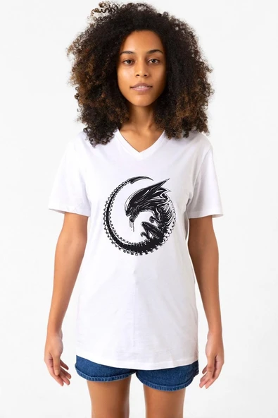 Allien Xenomorph Beyaz Kadın V yaka Tshirt ürün görseli 1
