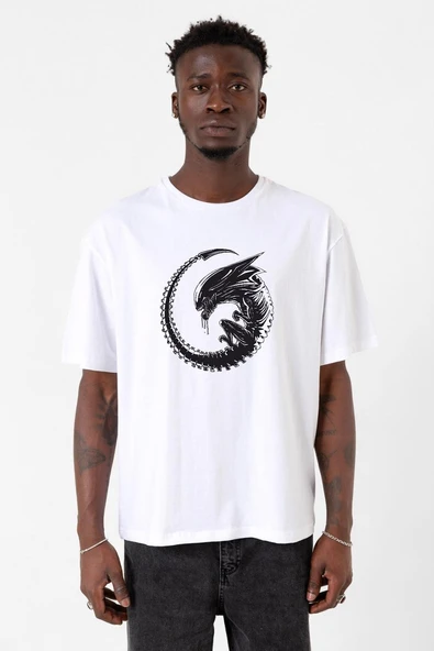 Allien Xenomorph Beyaz Erkek Oversize Tshirt ürün görseli 1