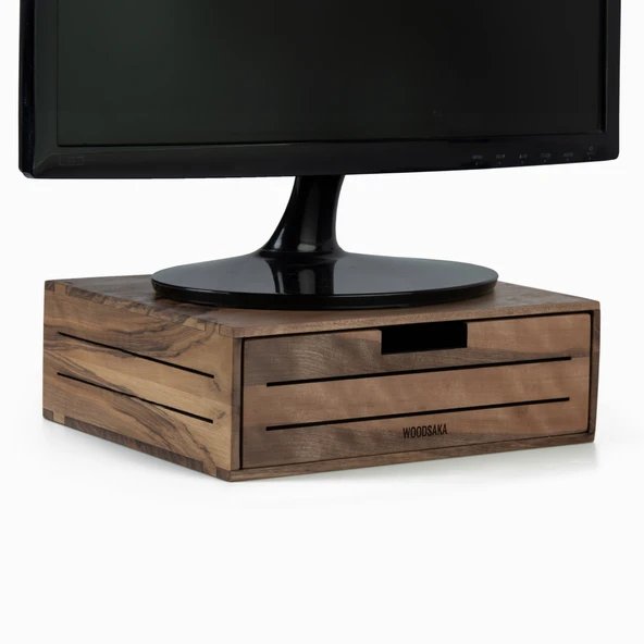 Woodsaka 3Line Çekmeceli Monitör Standı & Saklama Kutusu - Ceviz ürün görseli 1