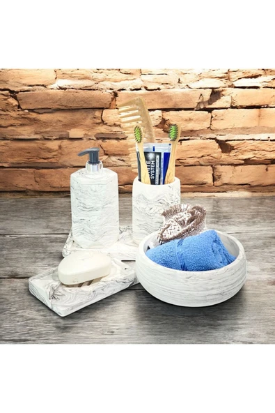 Çağdaş Mermer Dokulu Beton Banyo Aksesuar Seti (5 Parça) ürün görseli 1