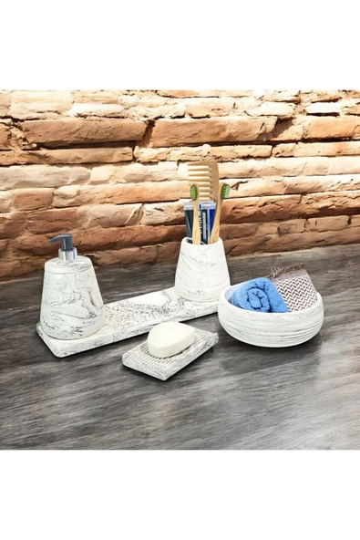 Doğal Görünümlü Mermer Esintili Beton Banyo Aksesuar Seti (5 Parça) ürün görseli 1