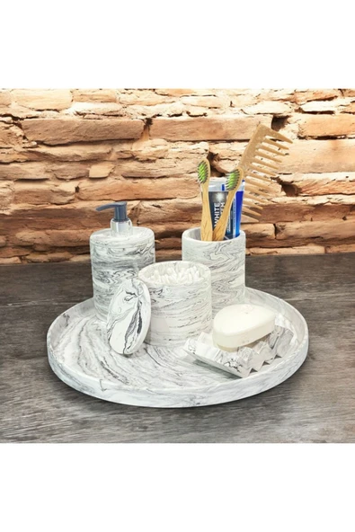 Endüstriyel Tarzda Mermer Desenli Beton Banyo Aksesuar Seti (5 Parça) ürün görseli 1