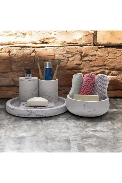 Doğal Mermer Yüzeyli Beton Banyo Aksesuar Seti (5 Parça) ürün görseli 1