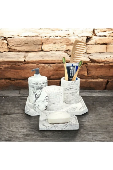 Elegan Mermer Desenli Beton Banyo Aksesuar Seti (5 Parça) ürün görseli 1