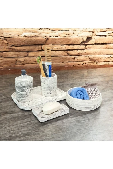 Doğal Mermer Renklerinde Beton Banyo Aksesuar Seti (5 Parça) ürün görseli 1