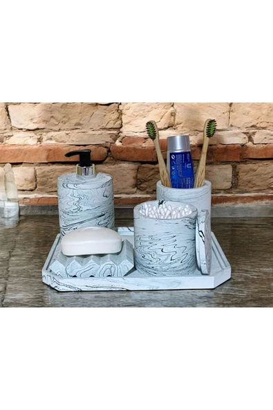 Klasik Mermer Dokulu Beton Banyo Aksesuar Seti (5 Parça) ürün görseli 1