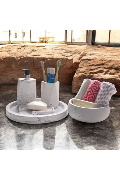 Estetik Mermer Dokusuyla Süslenmiş Beton Banyo Aksesuar Seti (5 Parça) ürün görseli 1
