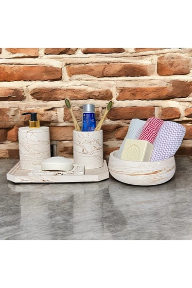 Geometrik Mermer Desenli Beton Banyo Aksesuar Seti (5 Parça) ürün görseli 1