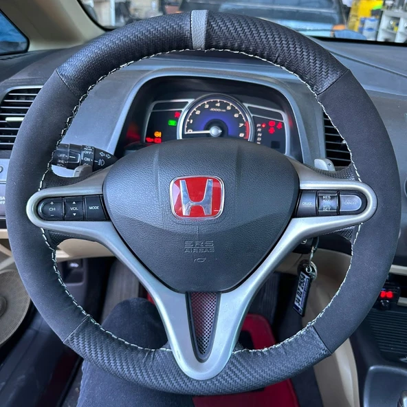 DİKİŞLİ DİREKSİYON KILIFI KARBON NUBUK DERİ GRİ YÜZÜK GRİ DİKİŞLİ HONDA CİVİC 2007 KASA ürün görseli 1