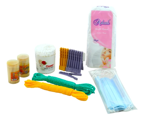 Arslanlı Pamuk 50g,Floppy 100 Adetlik Kulak Pamuğu,2 Kutu Kürdan,2 Adet Çamaşır İpi ,12 Adet Mandal,5 Adet Maske Temizlik Seti ürün görseli 1