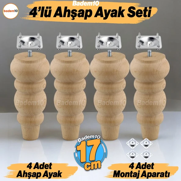 4 ADET Ahşap 17 cm Bağlantı Aparat Mobilya Koltuk Kanepe Berjer Ayağı Yükseltici Ayakları M8 Civata ürün görseli 1