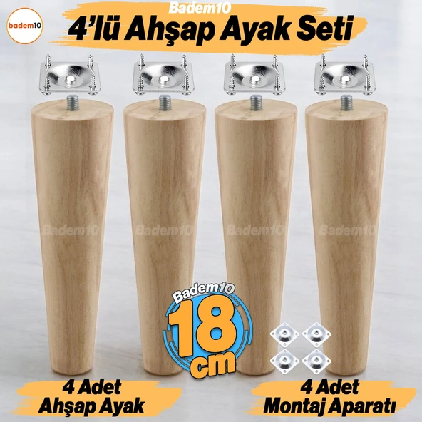 4 ADET Ahşap 18 cm Bağlantı Aparat Mobilya Koltuk Kanepe Berjer Ayağı Yükseltici Ayakları M8 Civata ürün görseli 1