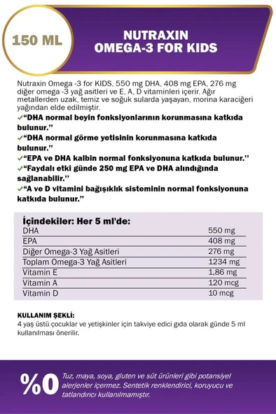 Nutraxin For Kids Omega-3 Balık Yağı Takviye Edici Gıda 150 ml - Resim 3