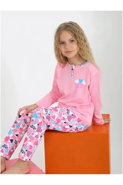 Kız Çocuk Love Me Baklı Uzun Kollu %100 Pamuklu Düğme Detaylı Pijama Takımı  6/9 Yaş ürün görseli 1