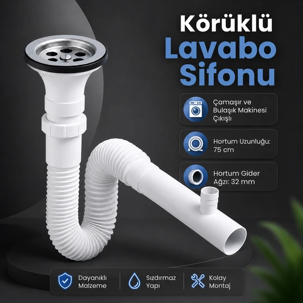 Körüklü Lavabo Sifonu Gider Borusu Çamaşır Bulaşık Makine Çıkışlı ürün görseli 1