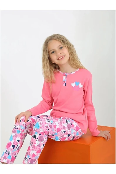 Kız Çocuk Love Me Baklı Uzun Kollu %100 Pamuklu Düğme Detaylı Pijama Takımı  2/5 Yaş ürün görseli 1