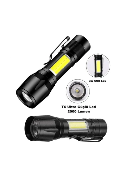Çift Yönlü Güçlü Şarjlı Led El Feneri 2000 Lumen 6w Cob Led Su Geçirmez Zoomlu ürün görseli 1
