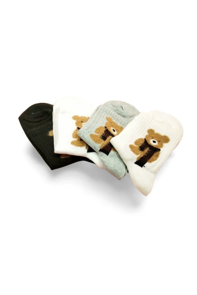 Peluş Ayıcık İşlemeli Kadın Soket Çorap 4 Çift - Resim 2