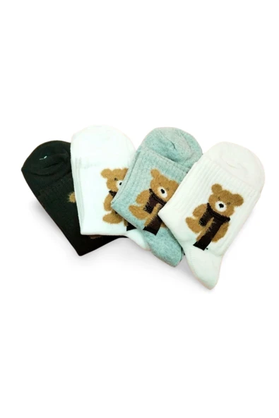 Peluş Ayıcık İşlemeli Kadın Soket Çorap 4 Çift - Resim 3