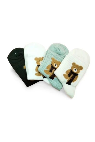 Peluş Ayıcık İşlemeli Kadın Soket Çorap 4 Çift - Resim 7
