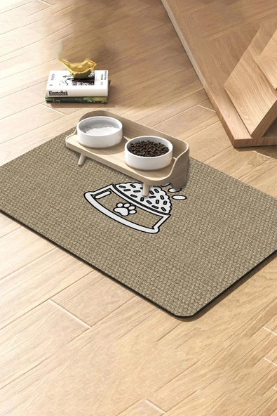 MAtGo Pati Süper Mood Deri Mama Kabı Desenli Krem Beslenme Matı Kedi Köpek Mama Paspası 50x70cm ürün görseli 1