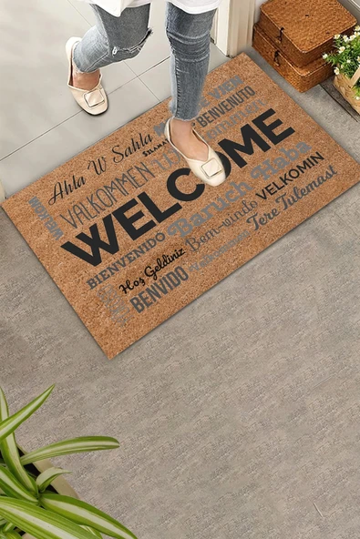 Valerine Life Dünya Dillerinde Kahverengi Welcome Hoş Geldiniz Kapı Önü Paspası 45x70cm ürün görseli 1