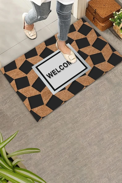 Valerine Life Ekose Desenli Kahverengi Siyah Welcome Hoş Geldiniz Kapı Önü Paspası 45x70cm ürün görseli 1
