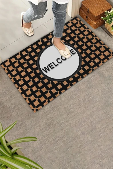 Valerine Life Artı Desenli Kahverengi Siyah Welcome Hoş Geldiniz Kapı Önü Paspası 45x70cm ürün görseli 1