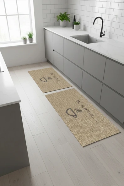 Valerine Life Mutfak Yolluğu Halısı Bi Kahve Fincan Krem Renk Tezgah Önü Paspası İkili Kilim Takımı ürün görseli 1