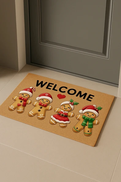 Valerine Life Noel Yılbaşı Kurabiyeleri Kırmızı Kahverengi Welcome Hoş Geldiniz Kapı Önü Paspası 45x70cm ürün görseli 1