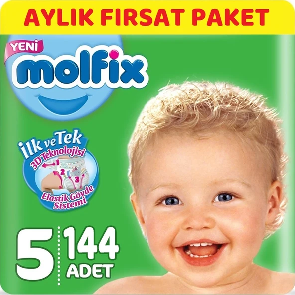 Molfix Bebek Bezi Beden:5 (11-18Kg) Junior 144 Adet Aylık Fırsat Pk + 9 Adet Islak Havlu ürün görseli 1