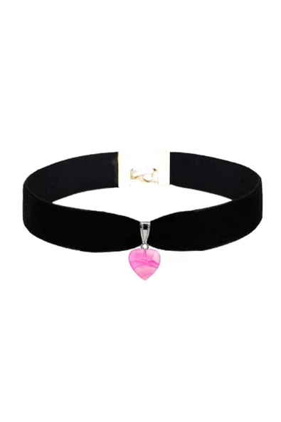 Pembe Damarlı Akik Doğal Taş Kadın Siyah Kadife Choker Kolye ürün görseli 1