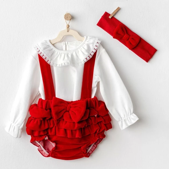 Happy Newyear 3'lü Kadife Bebe Tulum Takım Red ürün görseli 1
