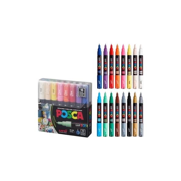 Uni POSCA 0.7 SuBazlı Boyama Markörü 16'lı ürün görseli 1