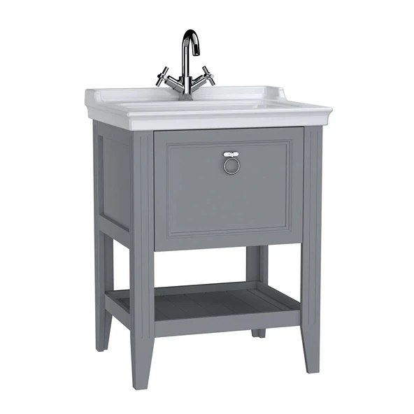Vitra Valarte Etajerli Lavabo Dolabı Tek Çekmeceli, 65 Cm, Mat Gri (Lavabo Dahil-Krom Kulplu) 62178 ürün görseli 1