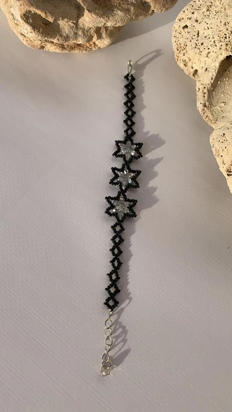 Gümüş Ve Siyah Renkli Yıldız Desenli Miyoki Boncuk Bileklik El Yapımı Hediyelik ürün görseli 1