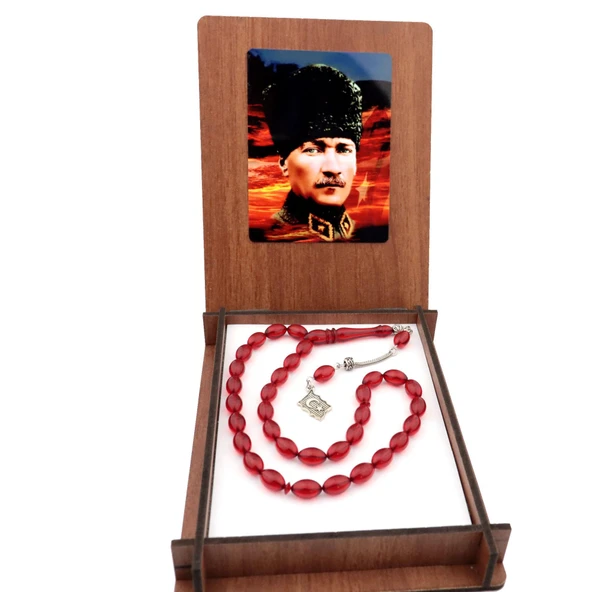 Ahşap Kutulu Atatürk ve Bayrak Temalı Ateş Kehribar Tesbih ürün görseli 1